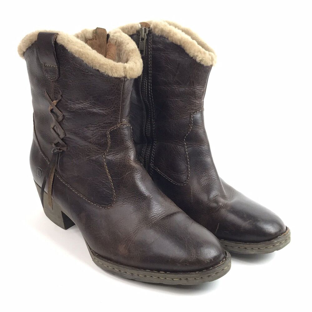 BORN Brown Leather Ankle Boots W12449 Women's Size 8.5 Side Zipper Sherpa Lined
